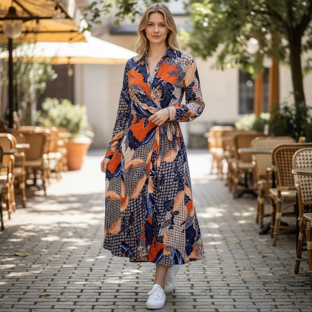 JAASE Women's M Floral Twist Front Rayon Shirt Midi Dress Boho Vibrant Vacation